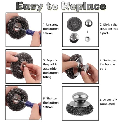 6 Pcs Steel Wool Scrubber Set, Stainless Steel Scrubber with Handled Replacement Metal Wire Pads for Cleaning Dishes, Cast Iron, Stock Pots, Pans, Griddles, Grills