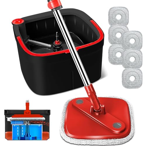 Spin Mop and Bucket Set with Separation Dirty and Clean Water System, Self Wringing 360° Rotating Clean Mop-Head and Bucket Set for Hardwood Tile Marble Floor with 6pc Replaceable Mop Pads - size: Black+Red Mop Set with 6 Pads