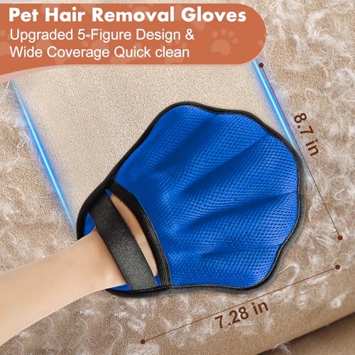 Pet Hair Removal Glove, Electrostatic Pet Hair Remover Glove for Cats & Dogs, Pet Hair Remover Tool for Laundry, Couch, Carpet, Car Seat - Upgraded Five-Finger, Reusable, Blue+Grey - color: Blue+Grey