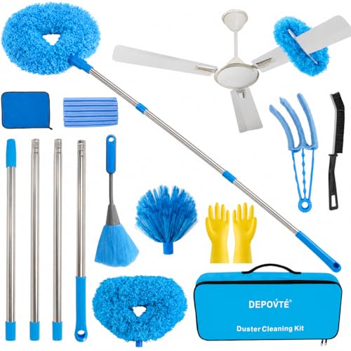 Ceiling Fan Cleaner Duster Kit 72 Inch Ceiling Fan Duster Extension Pole 8-in-1 Microfiber Duster Set for High Ceilings, Fan Blades, and Lights Reusable Cleaning Tools with Storage Bag