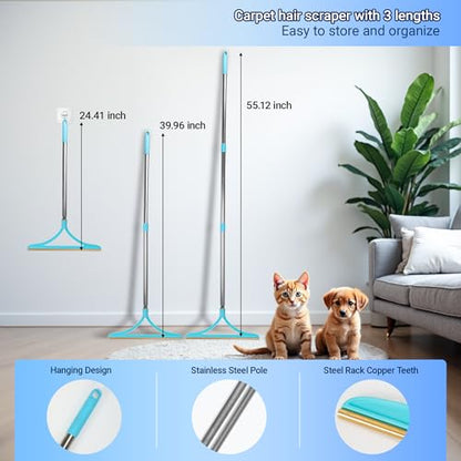 3 in 1 Carpet Rake for Pet Hair Removal 55" Long for Pet Hair,Cat Hair Remover with 3 Modes Adjustable Handle,Reusable Pet Hair Remover Deep Hair Cleaner Remover Tool for Rugs, Mats, Couch, Furniture