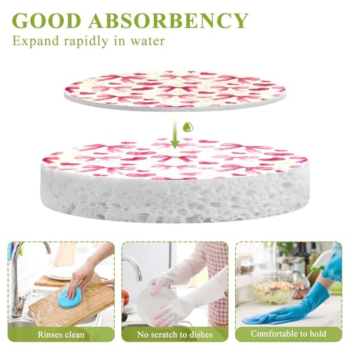 Watercolor Pink Heart and Bow Wood Pulp Sponge Kitchen Scrubbing Sponge Absorbent, Strong Adsorption for Kitchen Cleaning 3 pcs.