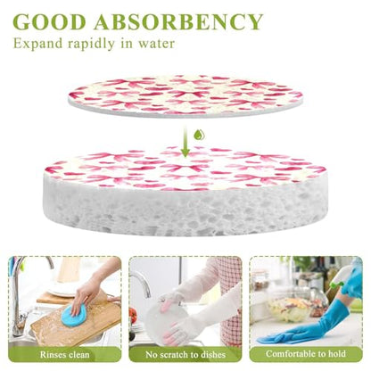 Watercolor Pink Heart and Bow Wood Pulp Sponge Kitchen Scrubbing Sponge Absorbent, Strong Adsorption for Kitchen Cleaning 3 pcs.
