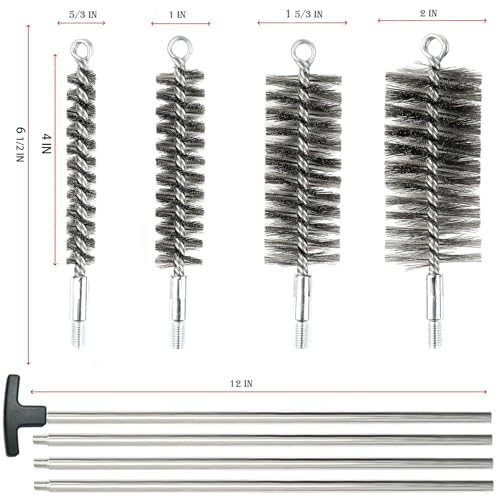 50 in Pipe Cleaning Brush Set with Stainless Steel Bristles, Wire Brush with 4pcs Galvanized Rod, Stainless Steel Pipe Brush 4pcs for Auto Parts, Bottles, Tubes. (3/5, 1, 1 3/5, 2 in Brush Heads)
