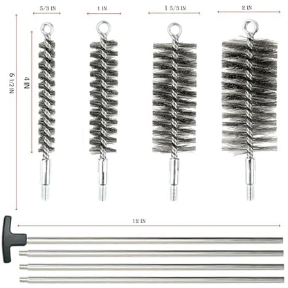 50 in Pipe Cleaning Brush Set with Stainless Steel Bristles, Wire Brush with 4pcs Galvanized Rod, Stainless Steel Pipe Brush 4pcs for Auto Parts, Bottles, Tubes. (3/5, 1, 1 3/5, 2 in Brush Heads)