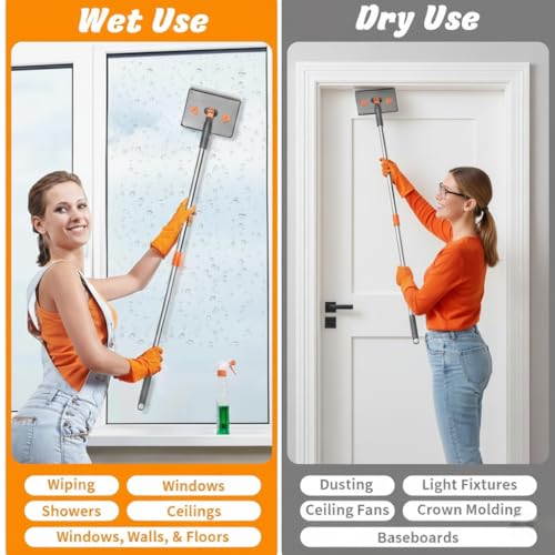 85” Baseboard Cleaner Tool with Handle and Hooks, 180° Rotating Wall Cleaner with Convex Design, Wall Mop with 6 Reusable Pads to Clean Wall, Window, Floor and Ceiling with Extension Poles - size: Rectangular