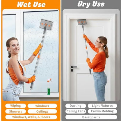85” Baseboard Cleaner Tool with Handle and Hooks, 180° Rotating Wall Cleaner with Convex Design, Wall Mop with 6 Reusable Pads to Clean Wall, Window, Floor and Ceiling with Extension Poles - size: Rectangular