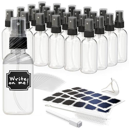 Nevlers Clear Glass Small Spray Bottle 2 Oz 24 Pack Spritzer Bottles | Small Travel Spray Bottle Set w/ Shrink Wrap, Funnel, Brush, Marker & Labels | Face & Body Small Atomizer Fine Mist Sprayer - color: Clear, style: 24 Pack