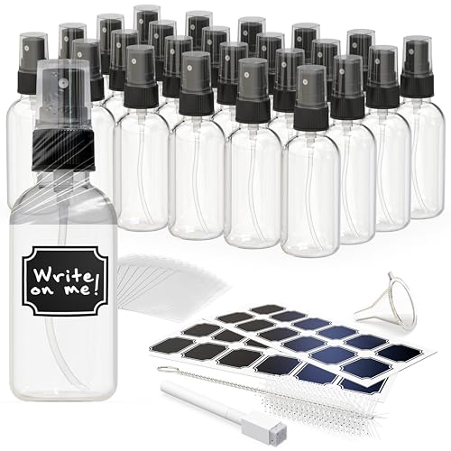 Nevlers Clear Glass Small Spray Bottle 2 Oz 24 Pack Spritzer Bottles | Small Travel Spray Bottle Set w/ Shrink Wrap, Funnel, Brush, Marker & Labels | Face & Body Small Atomizer Fine Mist Sprayer - color: Clear, style: 24 Pack