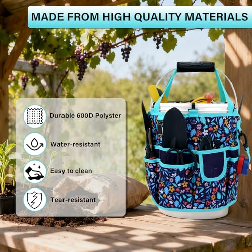 KUNN Bucket Tool Organizer 5 Gallon with Hangable Handle 18-Pocket Detachable Bucket Bag for Tools, Garden Caddy Tote with Pockets, Heavy Duty 600D Polyester Gardening Accessory,Blue - style: Navy Bloom