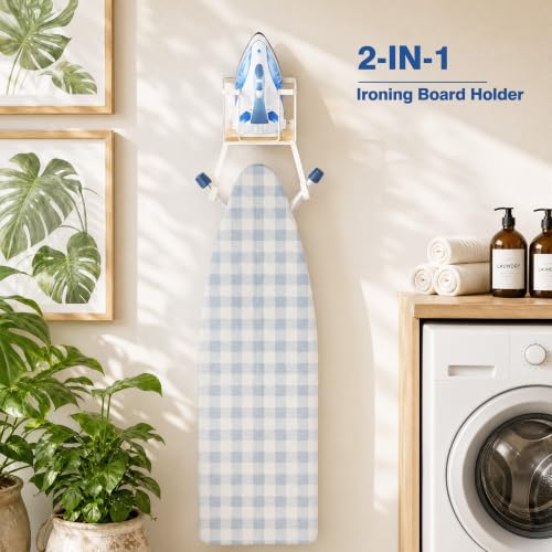 ORLESS Ironing Board Hanger Over Door & Wall Mount, White | 2 in 1 Heavy Duty Iron Board Holder with Storage Basket, Fits T/Y Boards, Laundry Room Space Saver - color: White Iron Natural Wood