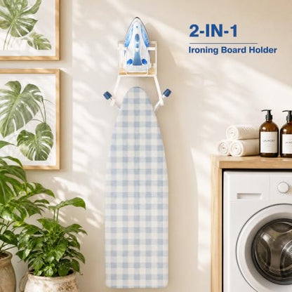 ORLESS Ironing Board Hanger Over Door & Wall Mount, White | 2 in 1 Heavy Duty Iron Board Holder with Storage Basket, Fits T/Y Boards, Laundry Room Space Saver - color: White Iron Natural Wood