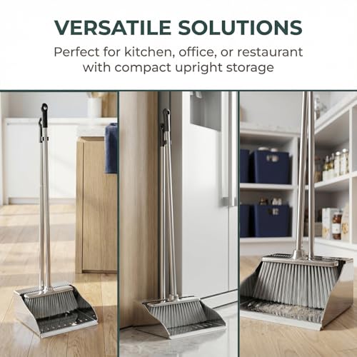 Metal Dustpan with Soft Bristles Broom Heavy Duty Stainless Steel Upright Standing Dust Pan and Broom for Sweeping Indoor Outdoor Home Kitchen Office Lobby Hardwood Floor Cleaning