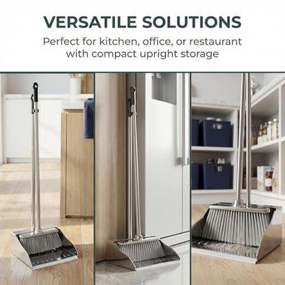 Metal Dustpan with Soft Bristles Broom Heavy Duty Stainless Steel Upright Standing Dust Pan and Broom for Sweeping Indoor Outdoor Home Kitchen Office Lobby Hardwood Floor Cleaning