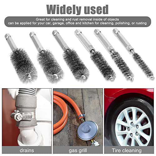 Patelai 6 Pcs Stainless Steel Wire Bore Brush Different Size Twisted Cleaning Brush with Handle 1/4 Inch Hex Shank for Power Drill Impact Driver (9/ 11/ 13/ 16/ 18/ 19 mm) - size: 9/ 11/ 13/ 16/ 18/ 19 mm