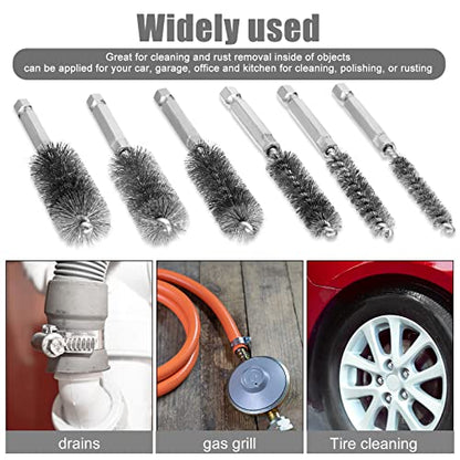 Patelai 6 Pcs Stainless Steel Wire Bore Brush Different Size Twisted Cleaning Brush with Handle 1/4 Inch Hex Shank for Power Drill Impact Driver (9/ 11/ 13/ 16/ 18/ 19 mm) - size: 9/ 11/ 13/ 16/ 18/ 19 mm