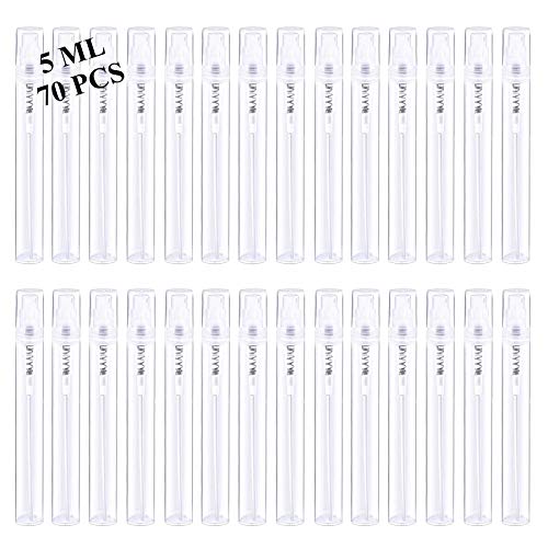 Mini Spray Bottles 70PCS 5ML Clear Plastic Empty Sample Containers Fine Mist Perfume Travel Refillable Spray Bottle Perfume Atomizer Small Travel Size Spray Bottle for Cleaning, Essential Oils - style: 70PCS,5ML