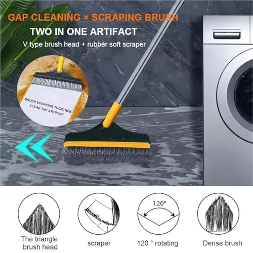 Rotating Floor Scrub Brush Long Handle Windows Squeegee Stiff Bristle Broom Mop 2In1 for Bathroom Kitchen Floor Crevice Cleaning(White2) - size: White2