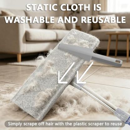 Electrostatic Dust Clip-On Mop for Pet Hair, 57" Adjustable Long Handle, 360° Rotating Head, 2 Reusable Static Cloths, 2 Microfiber Cloths & 1 Scraper, Ideal for Pet Loose Hair & Daily Dust Cleaning - color: Green