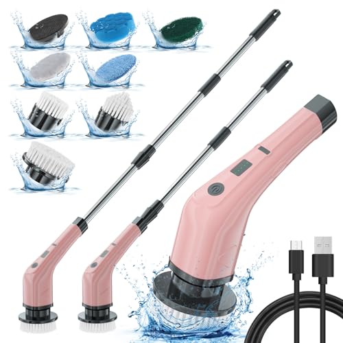 APLUSH Electric Spin Scrubber,Cordless Shower Cleaning Brush with 7 Replaceable Brush Heads, Adjustable 2 Speeds Extension Handle Power Cleaning Brush for Tub Tile Floor Car,Pink - color: Pink