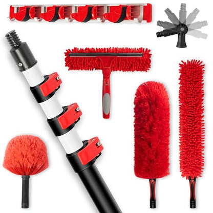 20FT High Reach Ceiling Duster Kit with 5-12ft Extension Pole – Fan & Cobweb Cleaner, Microfiber Feather Duster, 2-in-1 Window Squeegee, 270° Rotating Head, Reusable & Washable, Wall-Mount Rack