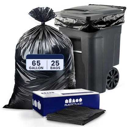 Plasticplace 65 Gallon Trash Bags │ 2.7 Mil │ Black Heavy Duty Garbage Can Liners │ 50” x 48” (25 Count) (W65LDB225A) - size: 25 Count (Pack of 1)