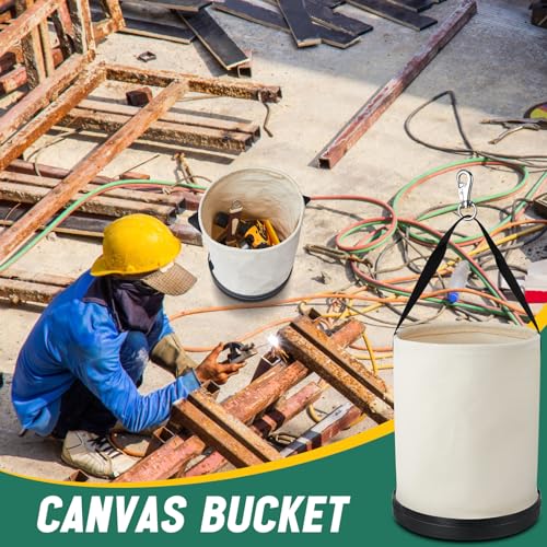 2 Pack Canvas Bucket 15" x 12" Heavy Duty Lineman Tool Bag with Plastic Bottom & Metal Hook Electrician Tool Organizer for Jobsite Use, Load Rated up to 150 Pounds (White) - color: White