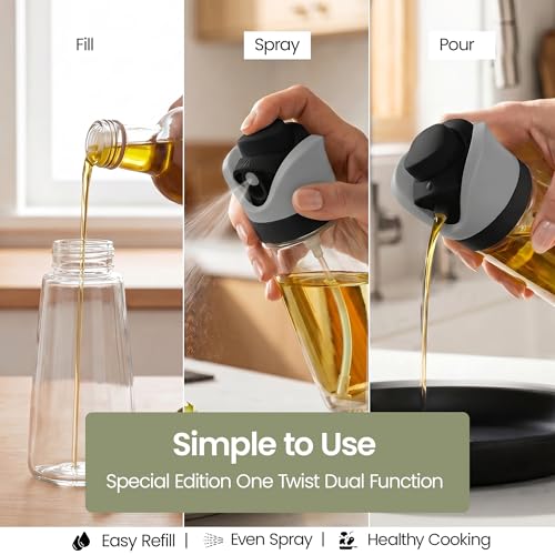 DWËLLZA KITCHEN Olive Oil Dispenser for Kitchen 2-in-1 Pour and Spray | 11.5 oz / 340 ml | Glass Olive Oil Sprayer for Cooking, Airfryer, Salad & BBQ | Set of 2 Bottles, Black - color: Black