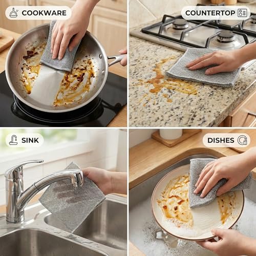 Metal Dish Cloth, Non Scratch Steel Wool Scrubber for Wet and Dry Cleaning, Reusable Single Layer Design for Dishes Sinks Stove Tops and Nonstick Cookware, Silver 5 Pack