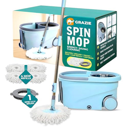 Grazie Spin Mop & Bucket Set - 360° Self-Wringing System with Wheels, Stainless Steel Handle - Hands-Free Floor Cleaning for Hardwood, Tile, Laminate - Includes 4 Washable Microfiber Mop Head Refills - size: Light Blue Mop Bucket + 4 Mop Heads