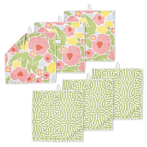 ELYN Microfiber Kitchen Dish Cloth Set, Quick-Dry & Absorbent Waffle Weave Cleaning Towels, Set of 6 Wash Cloths, Paper Towels & Sponge Alternative (Bold Floral & Geo) - color: Bold Floral & Geo, style: Dish Cloth - 6 Pack