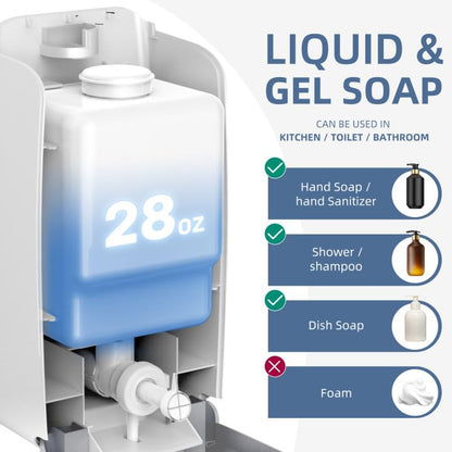 Soap Dispenser Wall Mount 28oz Commercial Hand Soap Dispenser for Bathroom Liquid Gel Hand Sanitizer Dispenser No Drilling White - color: White