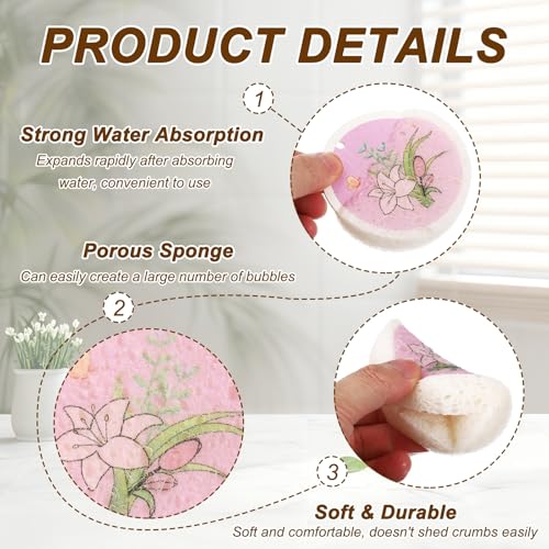 uxcell 6Pcs Cellulose Sponges, Round Kitchen Clean Sponges Non-Scratch Compressed Dish Scrubber with Floral Pattern for Kitchen Household Cookware Bathroom Cleaning & DIY, Pink - color: Pink