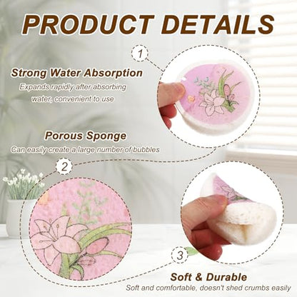 uxcell 6Pcs Cellulose Sponges, Round Kitchen Clean Sponges Non-Scratch Compressed Dish Scrubber with Floral Pattern for Kitchen Household Cookware Bathroom Cleaning & DIY, Pink - color: Pink
