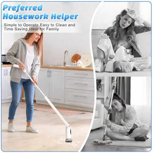 Electric Spin Scrubber, Cordless Shower Scrubber with Adjustable Long Handle, 3 Speeds with IPX7 Bathroom Scrubber, 8 Brush Heads, Electric Cleaning Brush for Bathroom/Kitchen/Bathtub/Crack/Floor/Tile