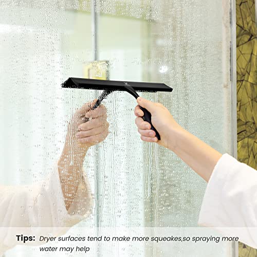 Shower Squeegee for Glass Doors & Microfiber Scrubber Kit 11Inch Window Washing Tools with Non-Slip Handle and Adhesive Hook - color: Black+grey