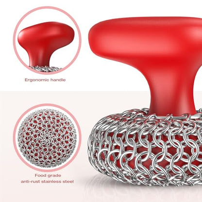 Cast Iron Scrubber | Dish Scrub Brush | 316 Cast Iron Cleaner Chainmail Scrubber for Pan Skillet Cleaner - Red - color: Red