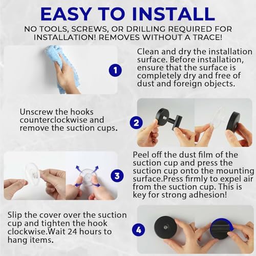 Suction Cup Hooks for Shower Heavy Duty, Shower Hooks No Drill, Shower Hooks for Inside Shower Stainless Steel, Suction Hooks for Window, Glass, Tile, Wall, Loofah, Bath Robe, Wreath, Black 4 Pack - color: Black