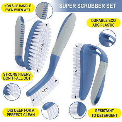 Scrub Brush Set of 3pcs - Cleaning Shower Scrubber with Ergonomic Handle and Durable Bristles - Grout Cleaner Brush - Scrub Brushes for Cleaning Bathroom/Shower/Tile/Kitchen/Floor/Bathtub/Carpet, Blue - color: Blue, Set of 3
