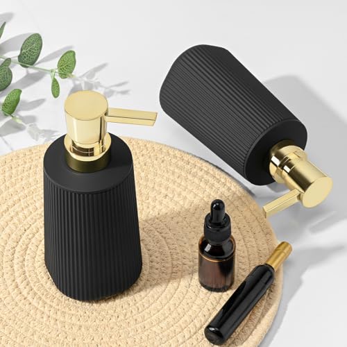 Black and Gold 2 Pack Hand Soap Dispensers Set with No Rust Pump for Bathroom and Kitchen Countertops Refillable Matte Striped Plastic 8.5 oz - color: Black and Gold Set of 2