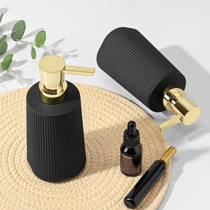 Black and Gold 2 Pack Hand Soap Dispensers Set with No Rust Pump for Bathroom and Kitchen Countertops Refillable Matte Striped Plastic 8.5 oz - color: Black and Gold Set of 2