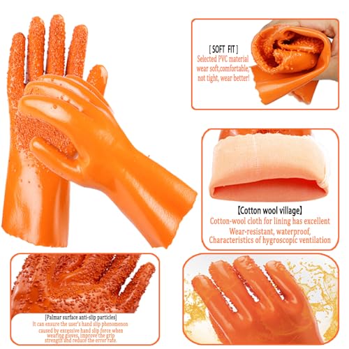 3 Pairs Sewer Gloves PVC Coated Non-Slip Oil & Chemical Resistant | 3 PAIRS INCLUDED: PVC coated sewer gloves for drain cleaning, plumbing maintenance, and everyday heavy-duty work - color: 3 Pairs Orange