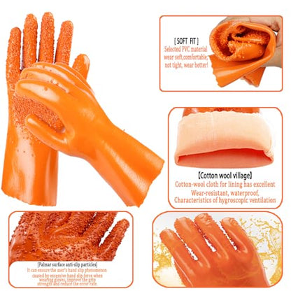 3 Pairs Sewer Gloves PVC Coated Non-Slip Oil & Chemical Resistant | 3 PAIRS INCLUDED: PVC coated sewer gloves for drain cleaning, plumbing maintenance, and everyday heavy-duty work - color: 3 Pairs Orange