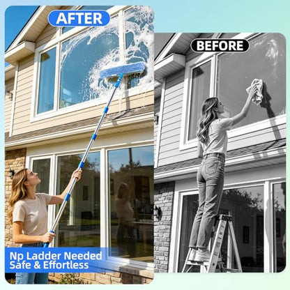 Window Cleaning Kit with 3 Gal Bucket - 14'' Window Squeegee&15'' Scrubber&76'' Long Handle Window Cleaner Tool, Professional Windows Washing Equipment for Home, Commercial Use, Outdoor, Car