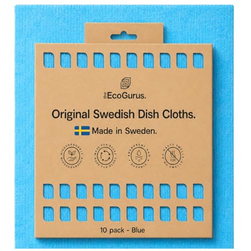 10 Pack Odour-Resistant Reusable Cleaning Cloths | Original Swedish Dishcloth | Made in Sweden | Suitable for All Surfaces | Biodegradable Cellulose Sponge | Kitchen & Bathroom | Blue - color: Blue