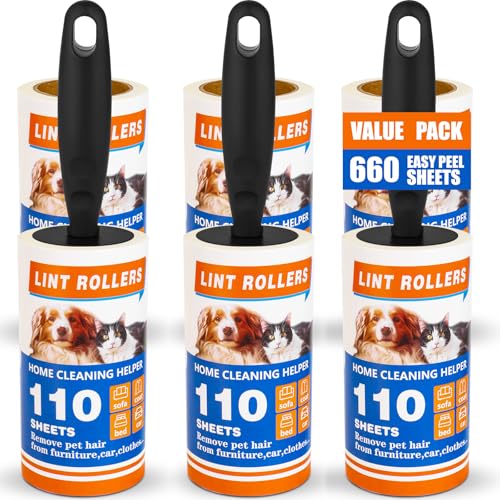 Lint Roller, 660 Sheets with 3 Handles, Pet Hair Remover for Laundry and Clothes, Extra Sticky Lint Rollers for Pet Hair, Dog & Cat Hair Removal Tool, Reusable Lint Brush for Furniture, Car, Wardrobe - size: 6 Count / 660Sheets
