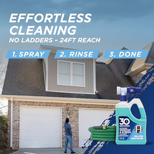 30 SECONDS Outdoor Window & Screen Concentrated Cleaner for Glass, Patio Doors, Fiberglass, Furniture - No Screen Removal Required, Spray & Rinse - Hose End Spray Attachment (2 PACK)