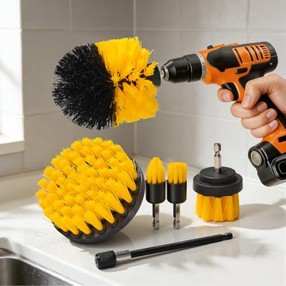 6Pcs Drill Brush Attachment Set, Power Scrubber Cleaning Kit with Extended Reach Attachment, Medium Stiffness Nylon Bristles for Bathroom Grout, Tile, Tub, Shower, Kitchen, Car, Universal Fit