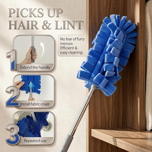 Duster Refills Reusable Pads with 20-83 Inch Extendable Pole - 10 Pack Washable 360 Degree Cleaning Kit for Ceiling Fan, Blinds and Car Interior