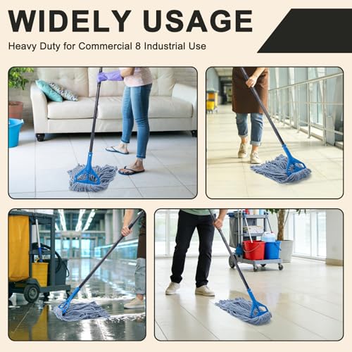 Commercial Industrial Mop with 3 Extra Large Reusable Replacement Head,59" Long Handle Heavy Duty Wet Mops,Looped-End String Cotton Mop for Floor Cleaning,House,Kitchen,Office,Garage,Tile(Blue) - size: Blue Handle + 3 Mop Head